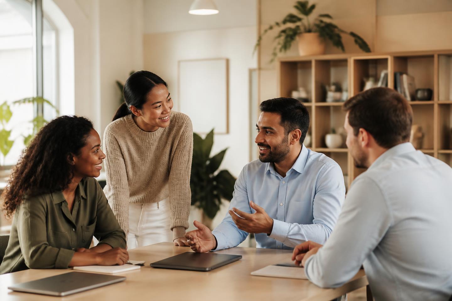 Professionals from different backgrounds collaborating around a table in a warm, modern office